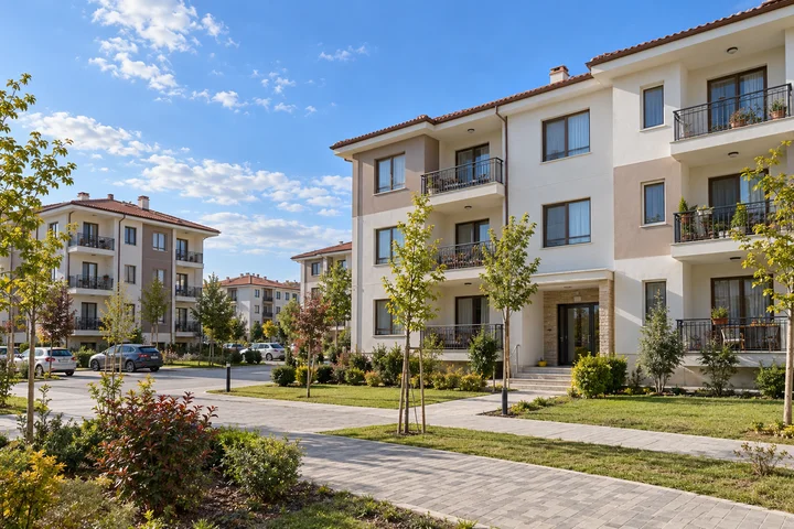 Apartmanların bulunduğu ağaçlıklı sokak